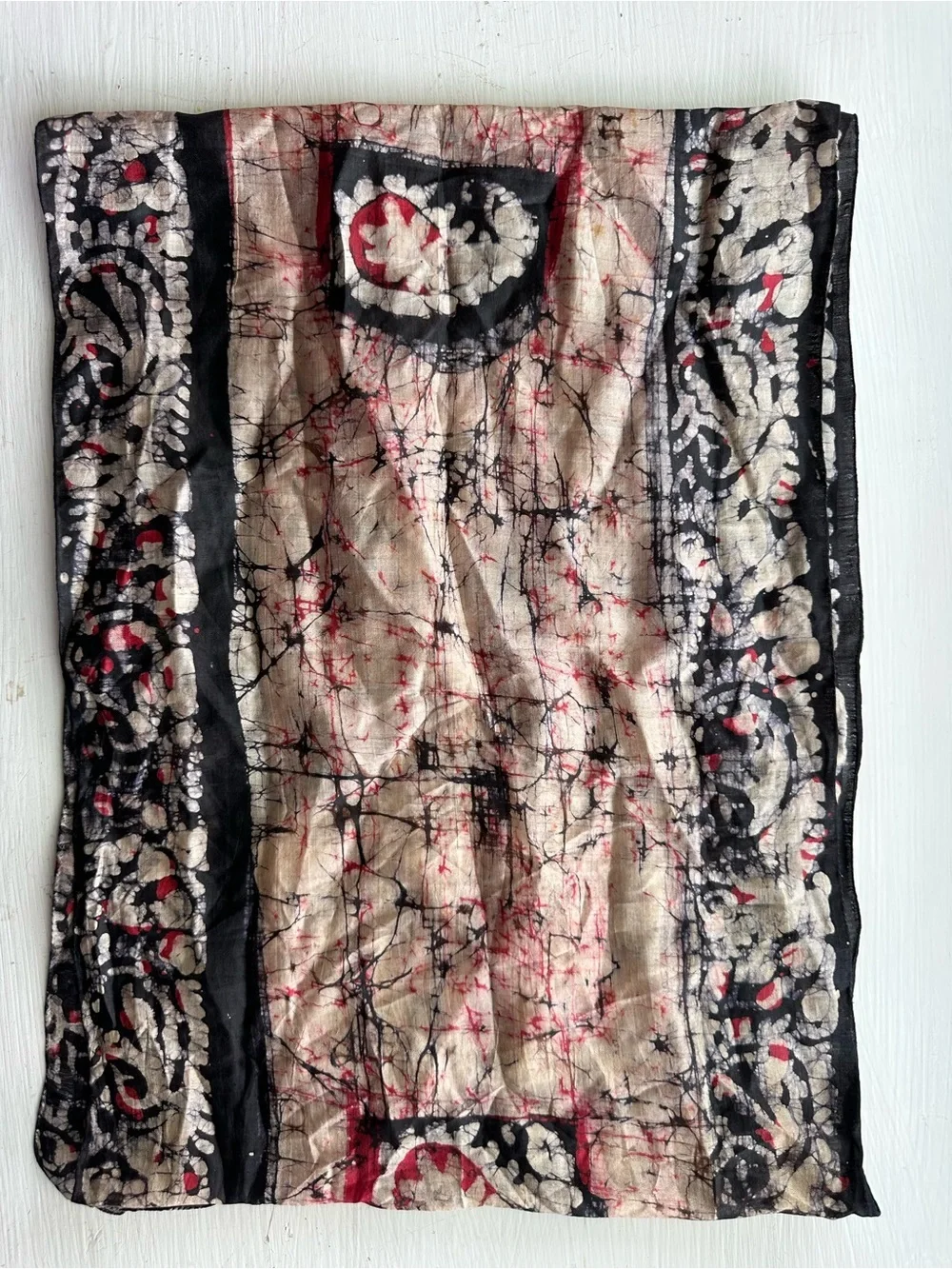 Handwoven Silk Scarf Batik Crackle Print Black Red Boho Indie Sleaze Wrap